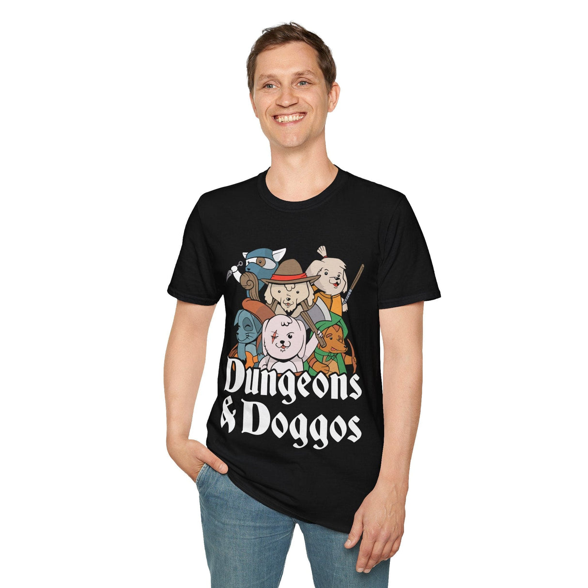 Person wearing a black t-shirt with 'Dungeons & Doggos' adventuring party graphic