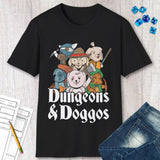 Black t-shirt with 'Dungeons & Doggos' adventuring party graphic