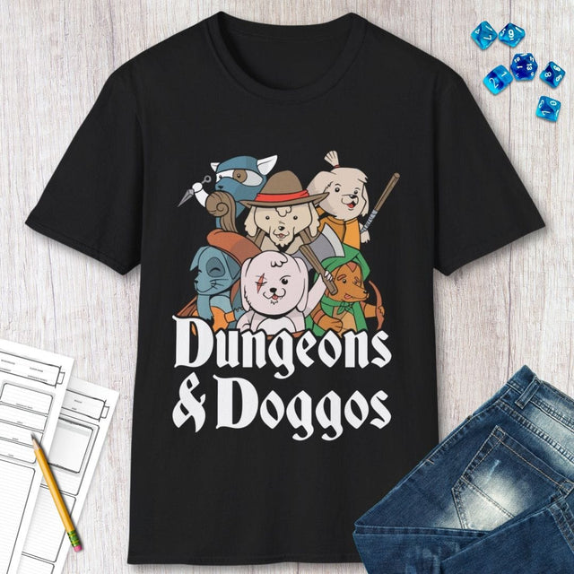 Black t-shirt with 'Dungeons & Doggos' adventuring party graphic