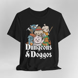 Black t-shirt with 'Dungeons & Doggos' adventuring party graphic