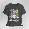 Dark gray t-shirt with 'Dungeons & Doggos' adventuring party graphic