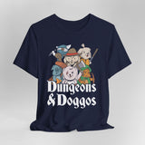 Navy blue t-shirt with 'Dungeons & Doggos' adventuring party graphic