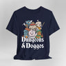 Navy blue t-shirt with 'Dungeons & Doggos' adventuring party graphic