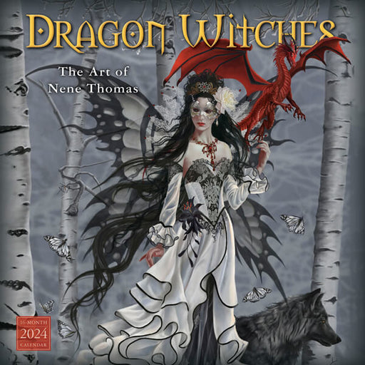 2024 Dragon Witches calendar by Nene Thomas showing fairy in white with red dragon and black wolf, surrounded by butterflies and birch trees