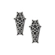 Pair of pewter coffin-shaped earrings with intricate designs on a white background