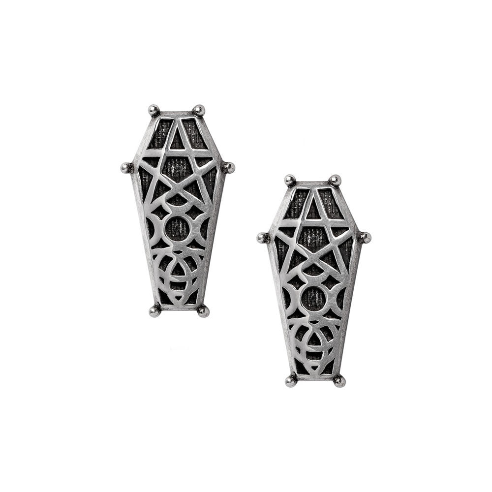 Pair of pewter coffin-shaped earrings with intricate designs on a white background