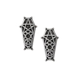 Pair of pewter coffin-shaped earrings with intricate designs on a white background