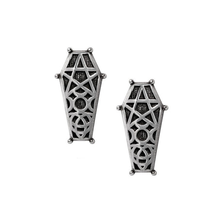 Pair of pewter coffin-shaped earrings with intricate designs on a white background