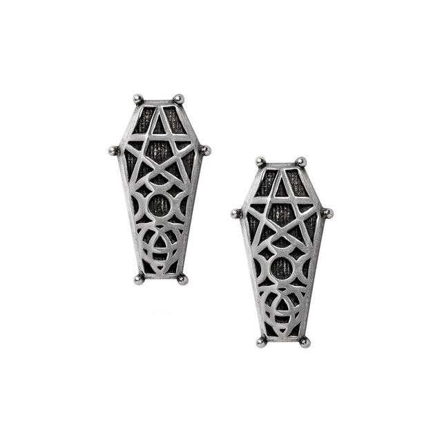 Pair of pewter coffin-shaped earrings with intricate designs on a white background