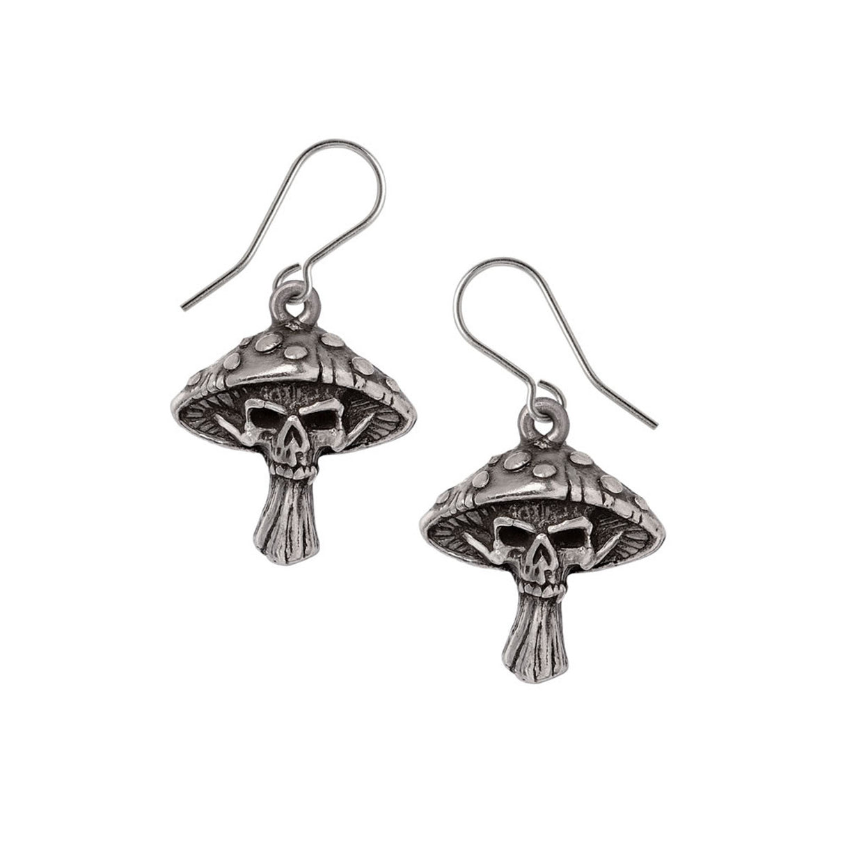 Pewter mushroom skull earrings on a white background