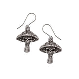 Pewter mushroom skull earrings on a white background