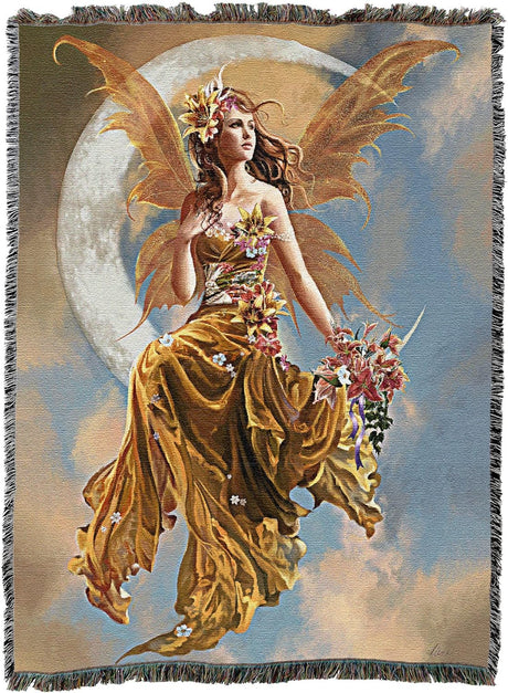 Tapestry blanket, art by Nene Thomas, golden fairy with flowers perched on a crescent moon in the clouds