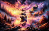 Fantasy landscape with a castle, ship, and sunset over water