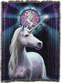 Tapestry blanket with white unicorn standing before a stained glass window