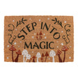 Doormat with 'Step into Magic' text and mushroom design on a white background