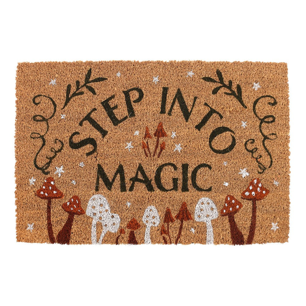 Doormat with 'Step into Magic' text and mushroom design on a white background