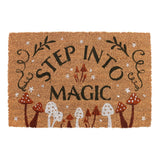 Doormat with 'Step into Magic' text and mushroom design on a white background