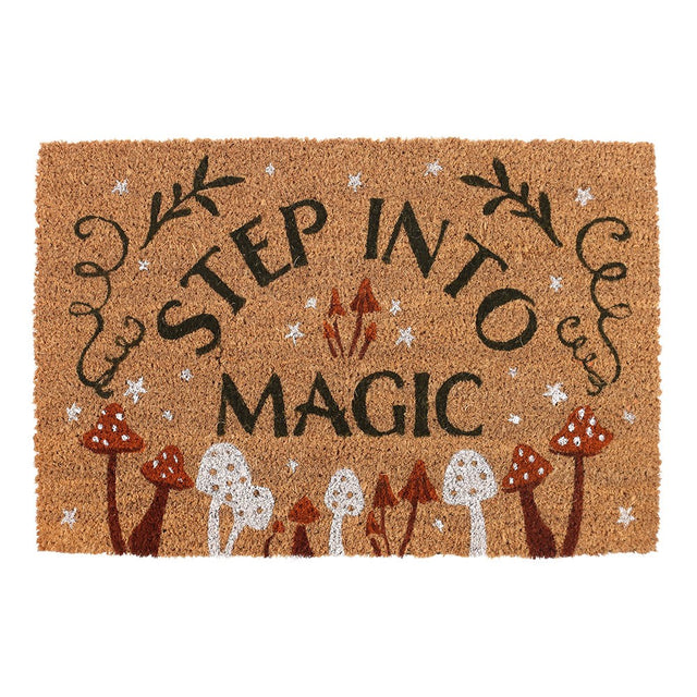 Doormat with 'Step into Magic' text and mushroom design on a white background