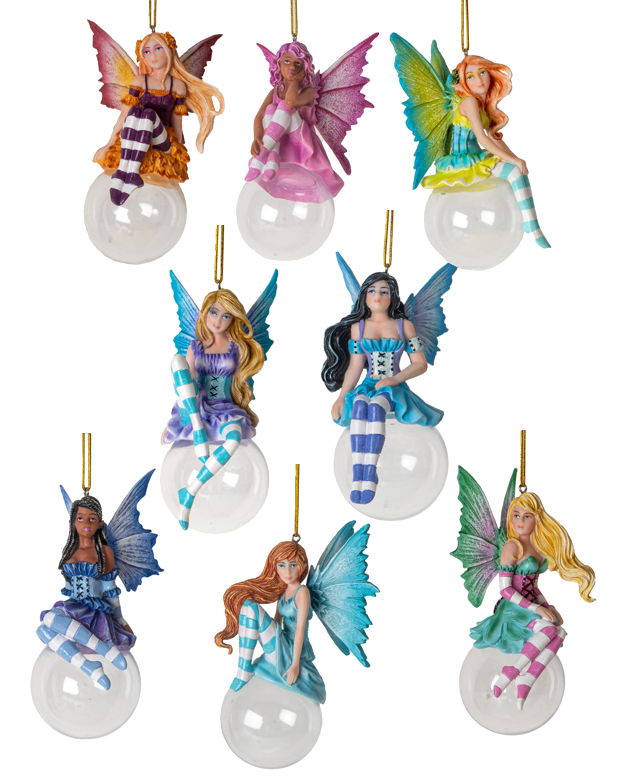 Set of eight fairy ornaments, each in a different color, perched on glass bubbles