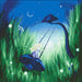 Cross stitch pattern image of a pixie swinging on a mushroom in the grass at night with a crescent moon above