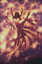 Cross stitch image of a dancing woman in lava, covered in red silks