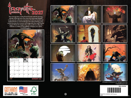 Back of Frazetta Horror 2027 calendar showing each month's image