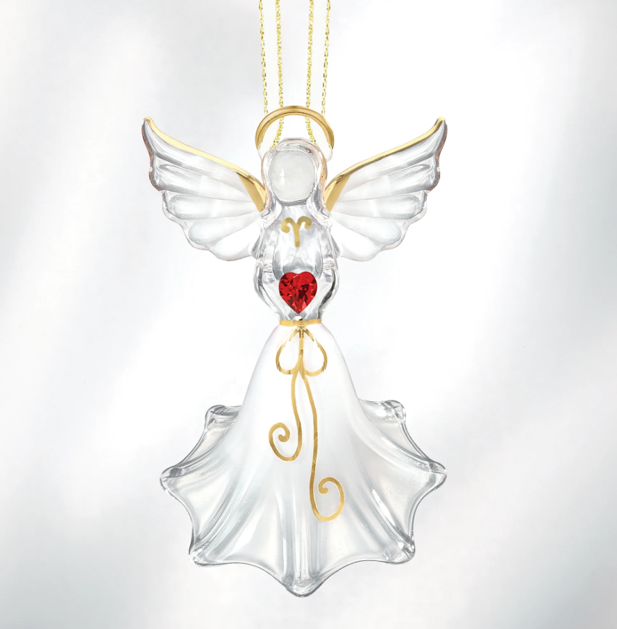 Glass angel figurine with red crystal heart and gold accents