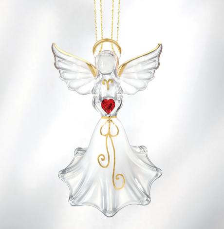 Glass angel figurine with red crystal heart and gold accents