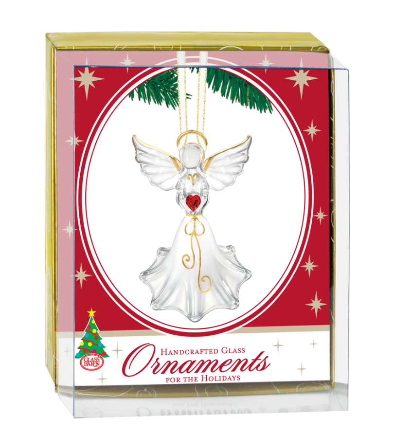 Glass angel figurine with red crystal heart and gold accents, shown boxed