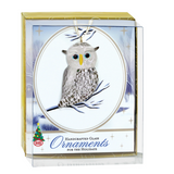 Glass ornament of a snowy owl, shown boxed