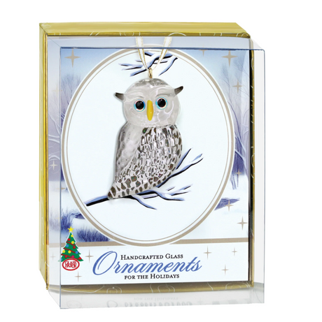 Glass ornament of a snowy owl, shown boxed