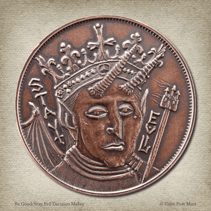 Be Good or Stay Evil copper coin - evil side with crowned devil