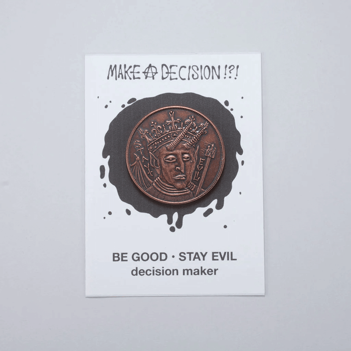 Be Good or Stay Evil copper coin on packaging card