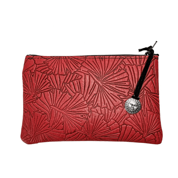 Leather pouch with pewter sun charm in red