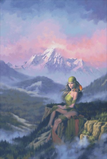 Cross stitch pattern of goddess perched on the mountainside, watching over her vale