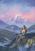 Cross stitch pattern of goddess perched on the mountainside, watching over her vale