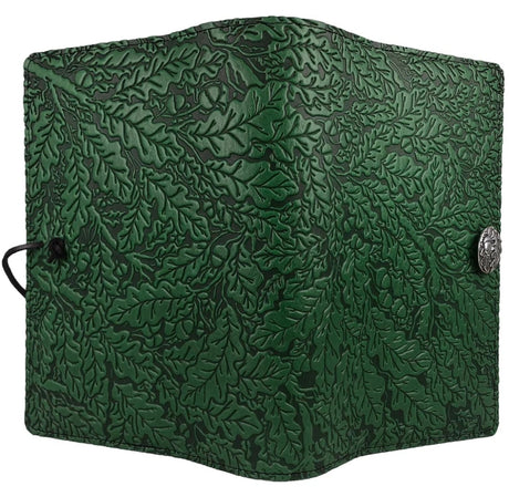 Dark green leather journal with oak leaf design and button