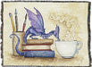 Tapestry blanket, art by Amy Brown, purple dragon on bookstack drinking from steaming mug, nearby cupholder with paintbrush, pen and pencil
