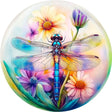 Colorful illustration of a dragonfly and flowers inside a bubble