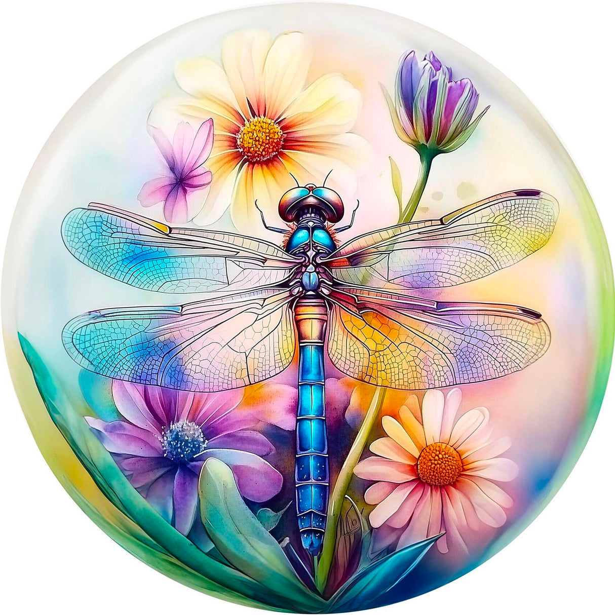 Colorful illustration of a dragonfly and flowers inside a bubble
