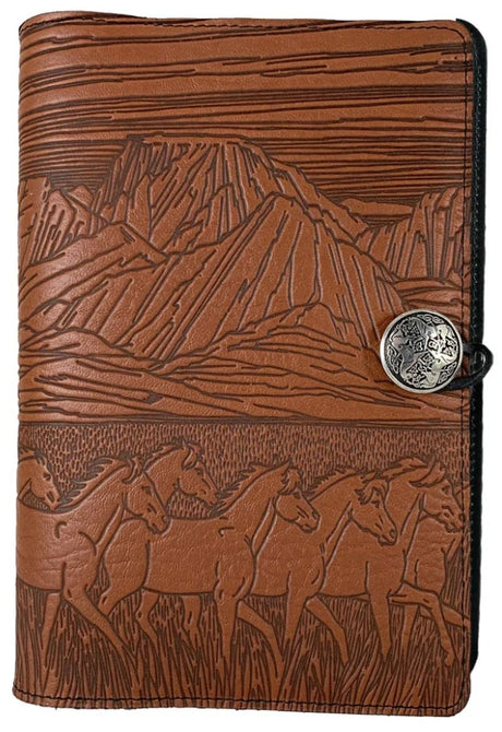 Saddle tan leather journal with horses and mountains cover to cover