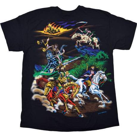 Black T-shirt featuring 4 horsemen riders and burning city