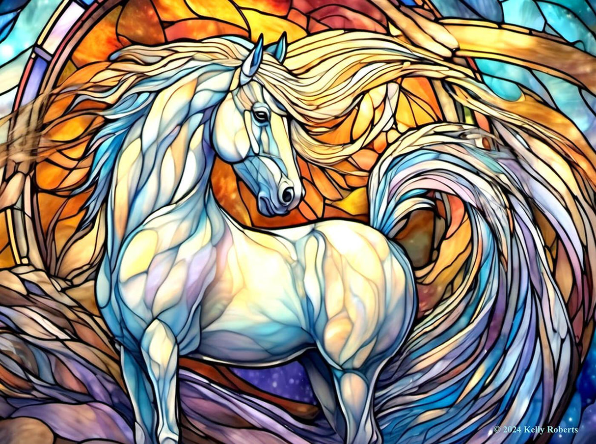 Colorful stained glass-style artwork of a horse with a vibrant background