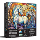 Jigsaw puzzle box with a colorful design of a white horse, featuring stained glass art style.