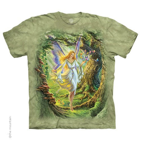 Green mottled t-shirt with fairy queen in a forest with butterflies design