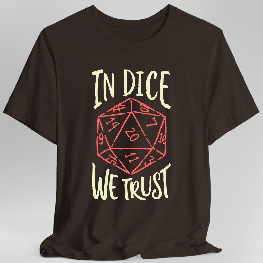 Brown t-shirt with a red dice graphic and 'In Dice We Trust' text