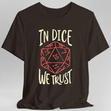 Brown t-shirt with a red dice graphic and 'In Dice We Trust' text