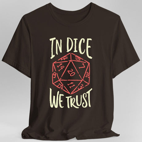 Brown t-shirt with a red dice graphic and 'In Dice We Trust' text