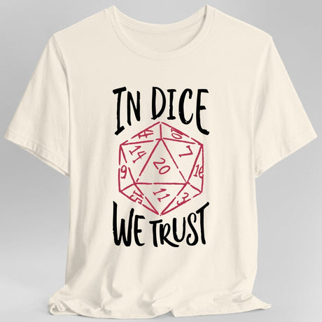 White t-shirt with a red dice graphic and 'In Dice We Trust' text