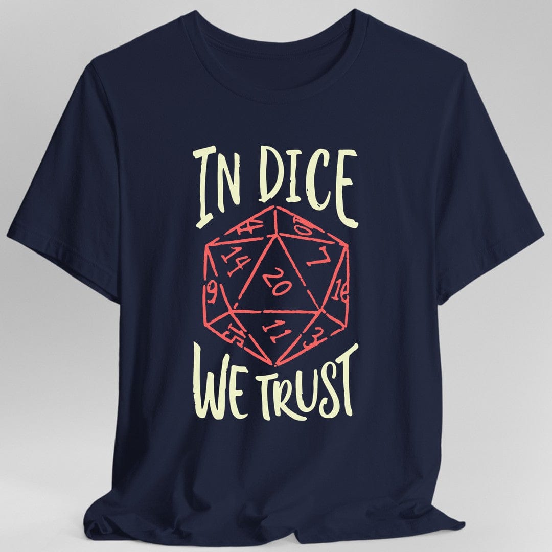 Navy t-shirt with a red dice graphic and 'In Dice We Trust' text